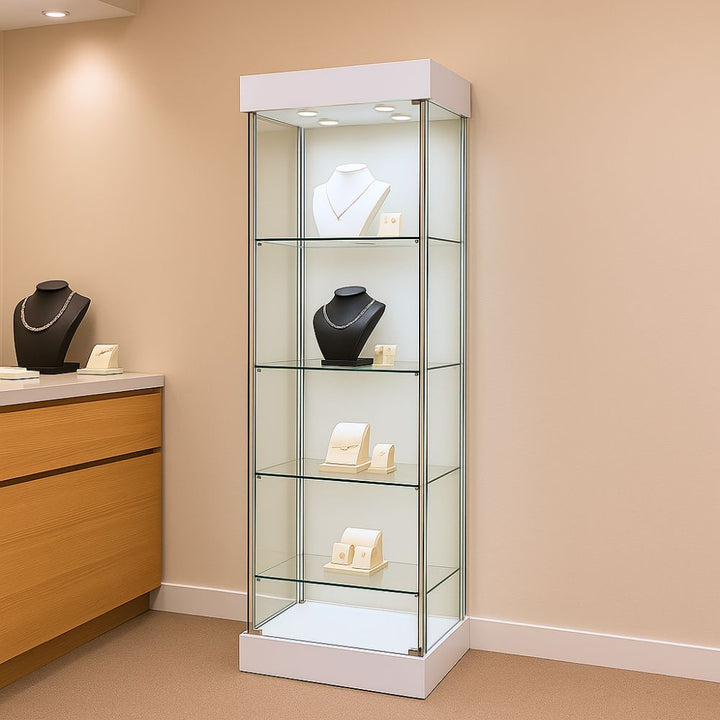 Compact white frameless glass cabinet – 465mm wide with single lockable door for retail or collector displays