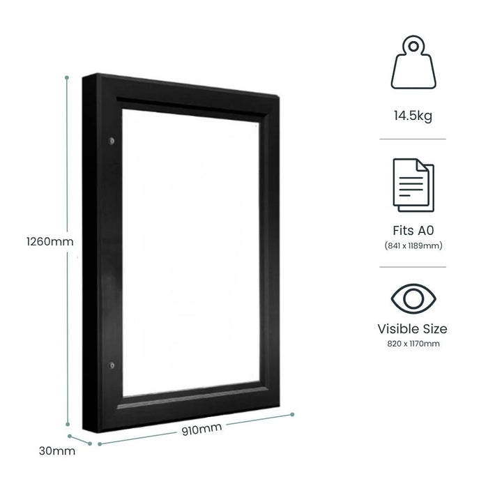 Dimension diagram for the A0 outdoor poster case: 1260mm tall, 910mm wide, 30mm wall projection, 14.5kg, A0 841 x 1189mm capacity and 820 x 1170mm visible area.
