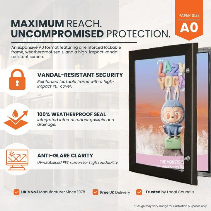 Feature panel for the A0 outdoor poster case: vandal-resistant lockable frame, weatherproof rubber seal and UV-stabilised anti-glare PET screen.
