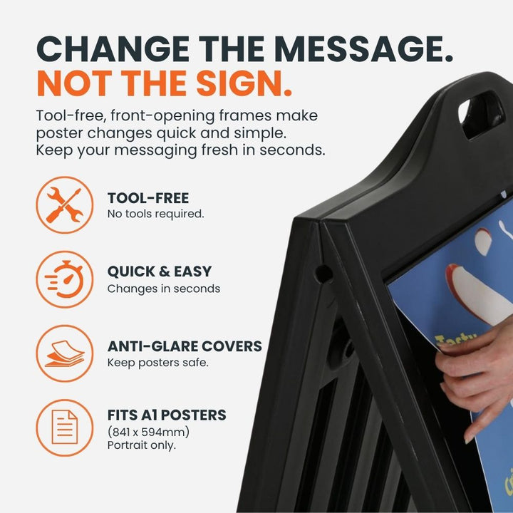 A1 pavement sign with tool-free poster change system and protective anti-reflex poster cover.