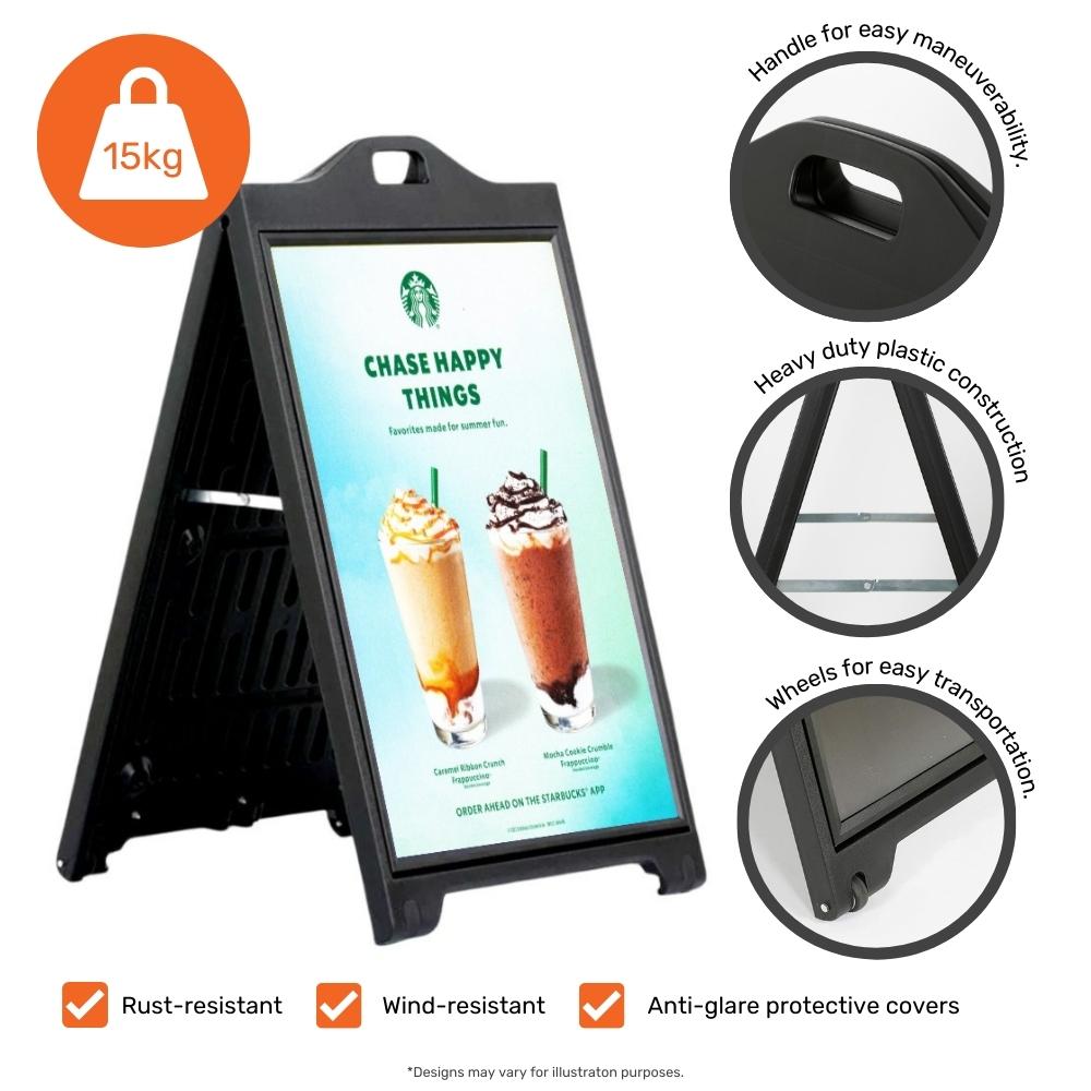 Sturdy A1 black A-board sign, weather-resistant and double-sided, ideal for outdoor poster displays.