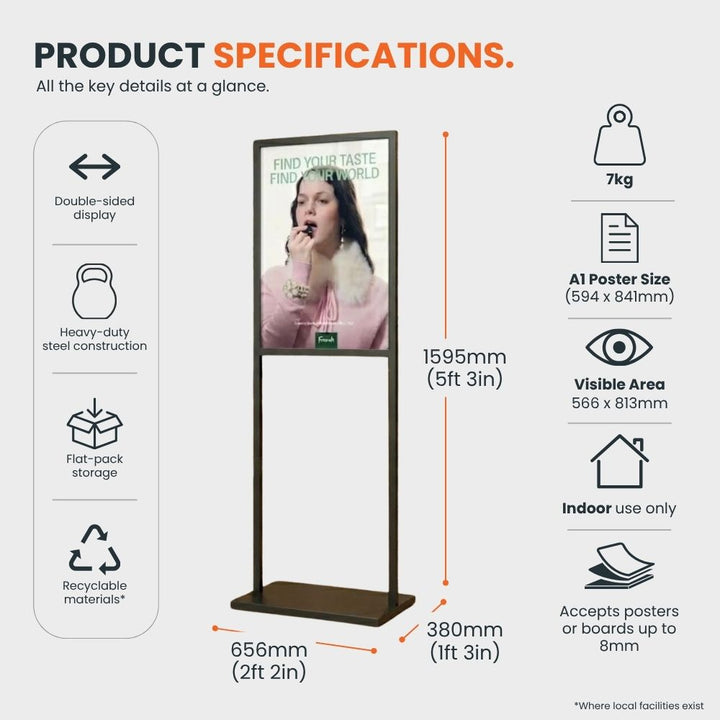Black double-sided A1 poster display stand measuring 1595mm high and 656mm wide, with a 380mm deep base, 7kg weight and 566 x 813mm visible area.