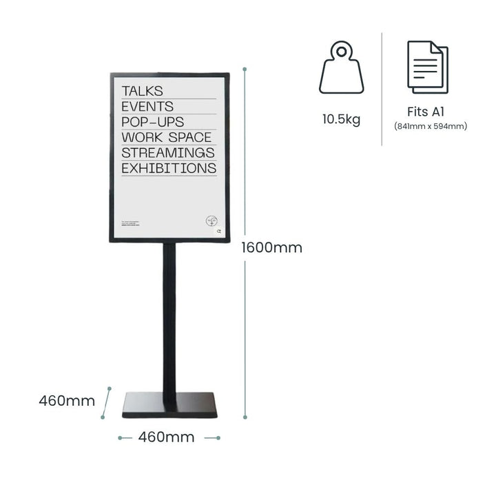 Dimension diagram for the A1 double-sided poster stand: 1600mm overall height, 460mm square base, 10.5kg unit weight, fits A1 841 x 594mm.
