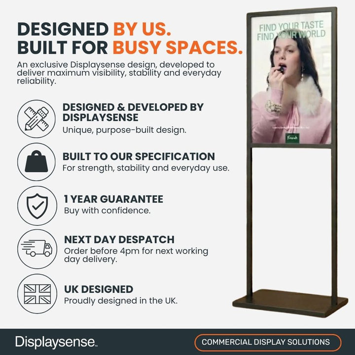 Black A1 information display stand highlighting Displaysense design, commercial-grade construction, one-year guarantee, next-day despatch and UK design.