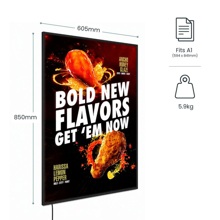 A1 LED lightbox poster display frame with illuminated food advertisement, measuring 850mm high by 605mm wide, suitable for A1 posters and weighing 5.9kg.