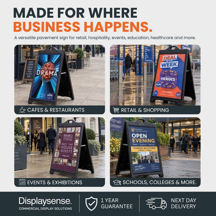 A1 pavement sign shown for cafés, retail stores, exhibitions and school open evening signage.