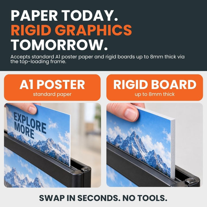 A1 poster display stand showing top-loading compatibility with standard paper posters and rigid graphic boards up to 8mm thick.