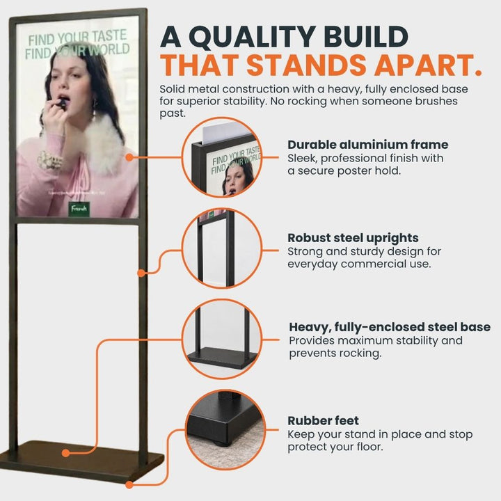 Black A1 poster display stand showing its durable aluminium frame, robust steel uprights, heavy enclosed steel base and protective rubber feet.