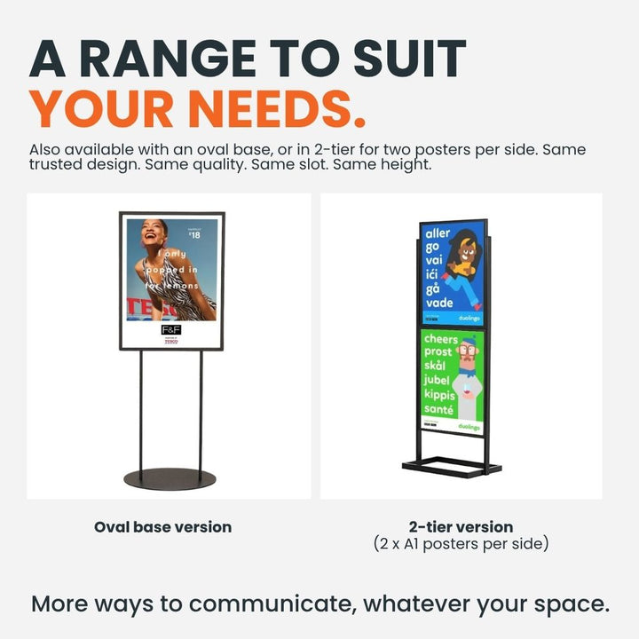 A1 poster display stand range showing an oval-base version and a two-tier version designed to display two A1 posters per side.