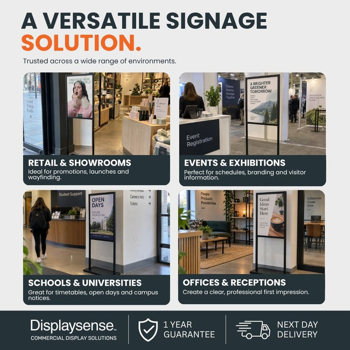 A1 poster display stands shown in retail, exhibition, university and office settings, demonstrating versatile commercial signage applications.