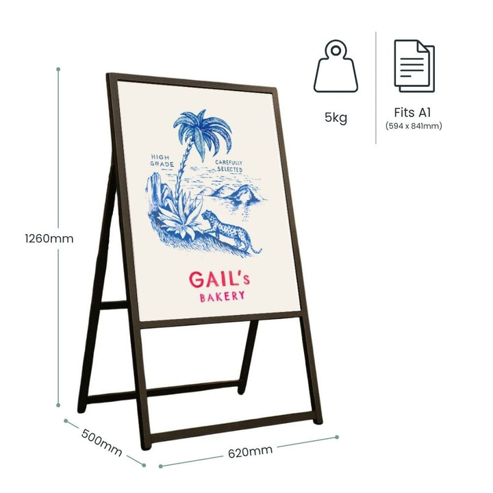 Dimension diagram for a black A1 easel poster stand: 1260mm high, 620mm wide, 500mm deep, 5kg, fitting A1 594 x 841mm posters.
