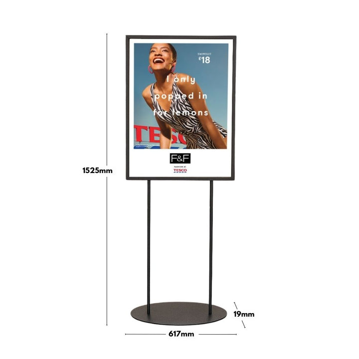 Dimension diagram of a black A1 poster display stand: 1525mm tall, 617mm wide at base, 19mm base depth.
