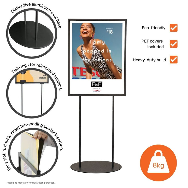 Feature panel: aluminium oval base, twin legs for reinforced support, double-sided top-loading poster, eco-friendly, PET covers, heavy-duty build, 8kg.
