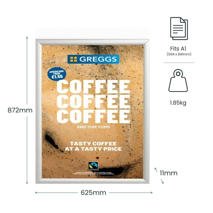 a1-silver-snap-frame-poster-display-with-25mm-mitred-aluminium-frame-showing-872mm-height-625mm-width-11mm-depth-and-1-85kg-weight