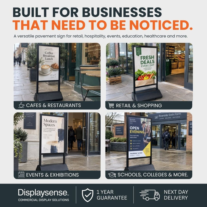 A1 waterbase pavement sign used outside a cafe, retail shop, exhibition venue and school
