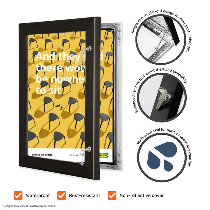 A2 Lockable Anodised Aluminium Black Poster Case with 45mm Frame Profile With Wall Fixings