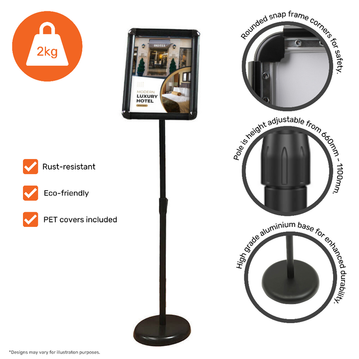 Black A3 poster stand – adjustable floor sign holder for professional settings like lobbies or showrooms