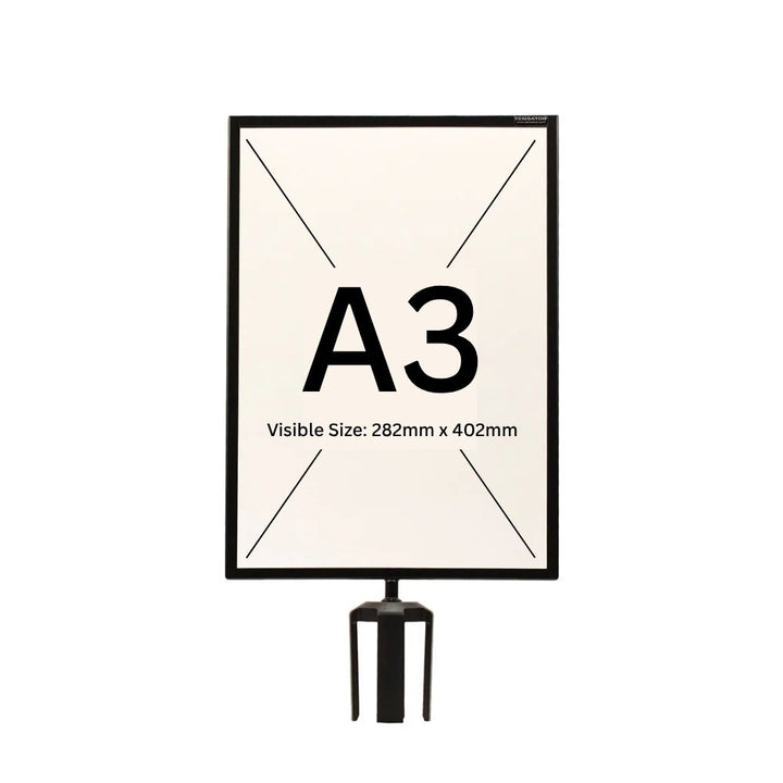 Black sign holder designed for A3 inserts, with visible size markings of 282mm x 402mm.