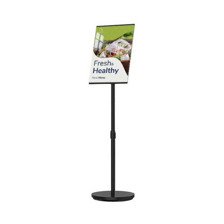 Black A3 freestanding display stand showing the telescopic adjustment collar, full-length pole and weighted round base on white background.
