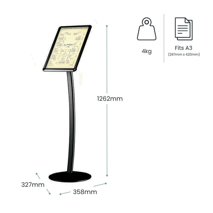Dimension diagram for a black A3 curved-post snap frame stand: 1262mm overall height, 358 x 327mm elliptical base, 4kg, A3 capacity 297 x 420mm.
