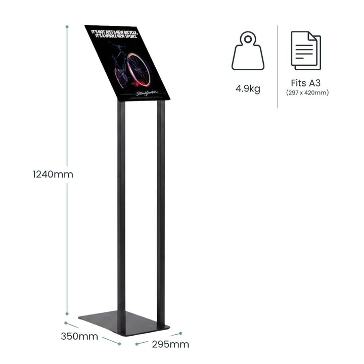 Freestanding angled sign holder designed for A3 posters, measuring 1240mm high with black metal frame, stable base and 4.9kg weight.