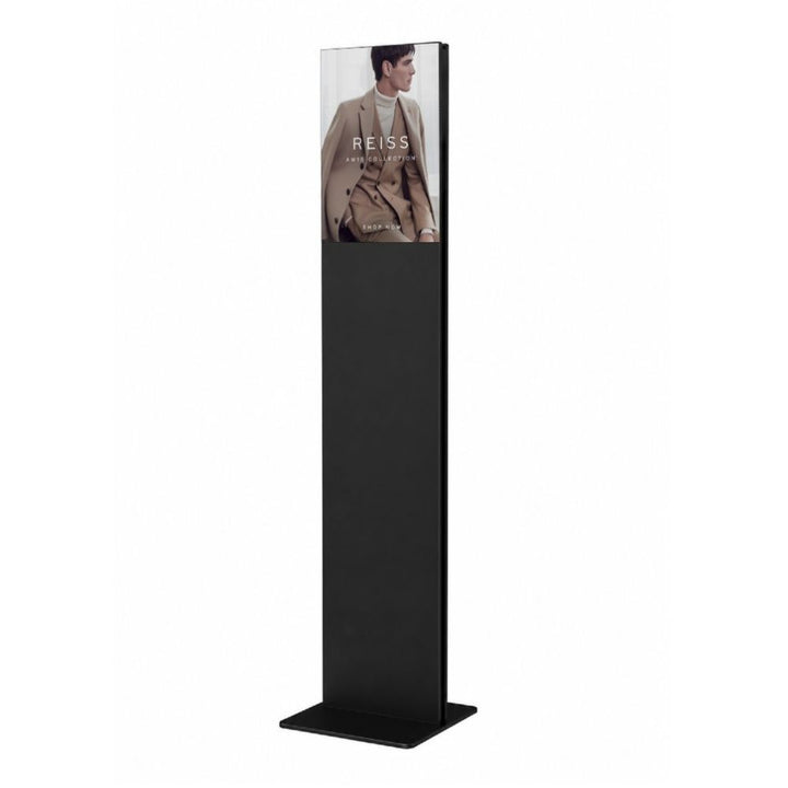Freestanding black digital poster display stand with A3 illuminated fashion advertisement, sleek vertical design for retail and commercial environments.