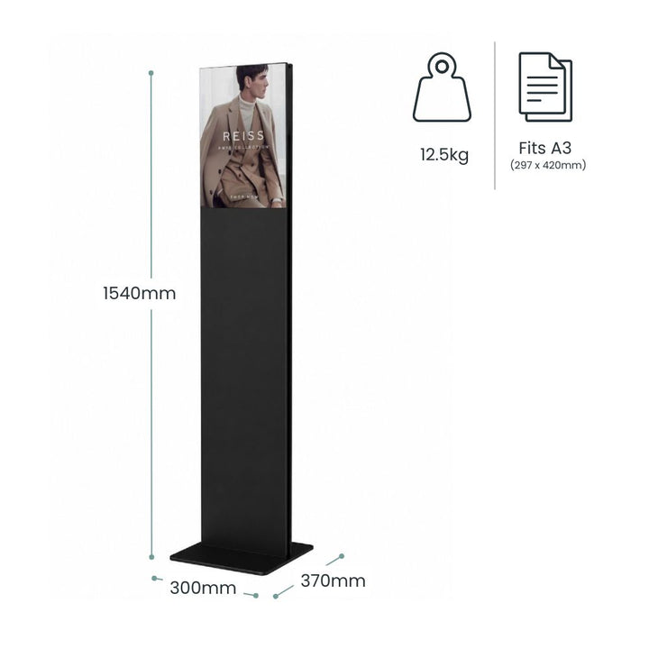 Black freestanding LED poster totem display designed for A3 graphics, measuring 1540mm high with dimensions and weight specifications shown.