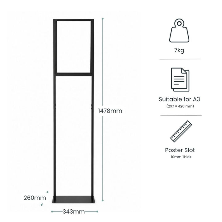 Technical specification graphic showing dimensions, weight, and A3 poster compatibility for a freestanding poster stand.