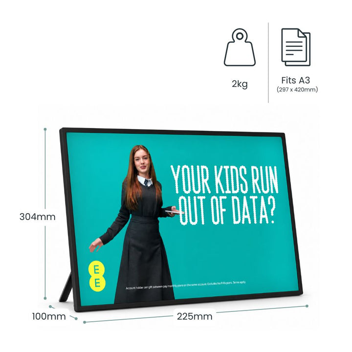A3 LED countertop advertising display with illuminated promotional graphic, fold-out rear support, dimensions of 304mm by 225mm and weighing 2kg.