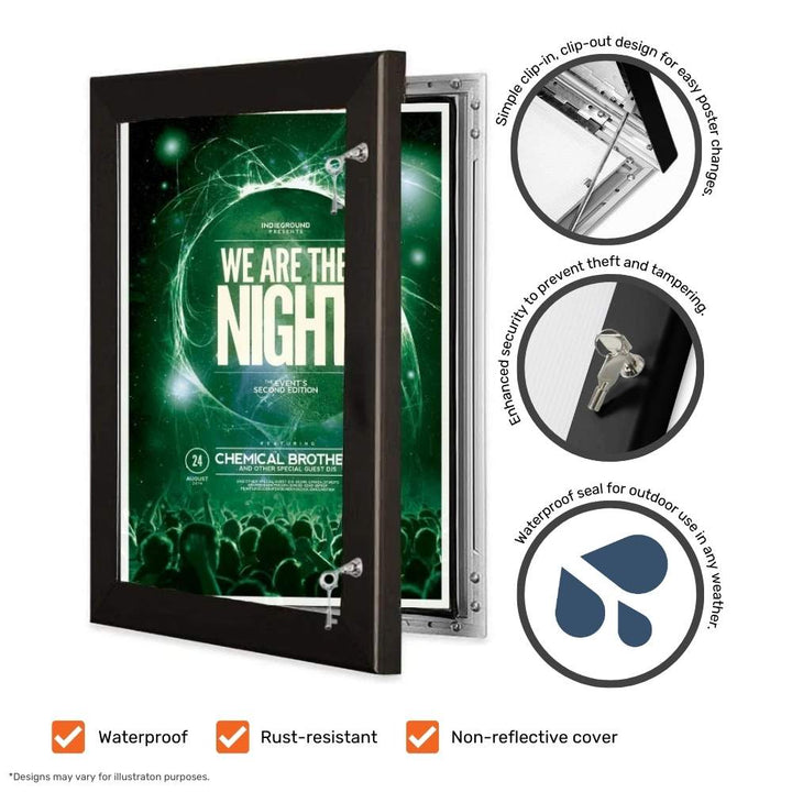 A3 Lockable Anodised Aluminium Black Poster Case with 45mm Frame Profile With Wall Fixings