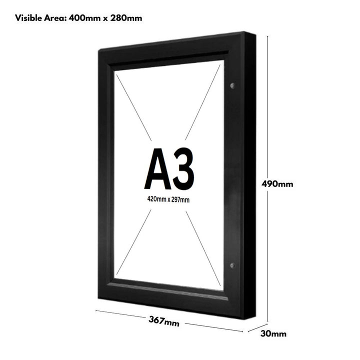 Dimension diagram of an A3 lockable poster case in a black aluminium frame, measuring 367mm wide by 490mm high by 30mm deep with a 400 x 280mm visible area.