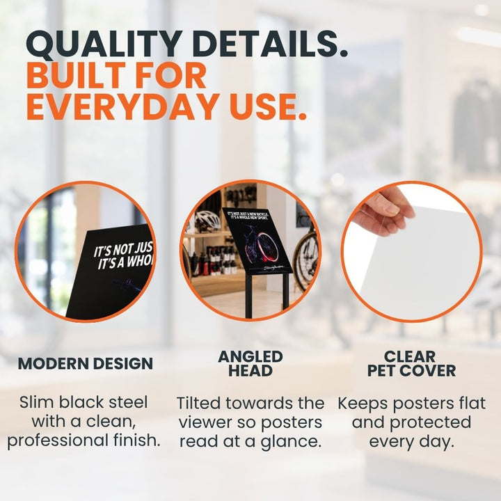 Feature graphic covering the black A3 stand’s slim design, angled display head and clear cover that keeps the poster flat and protected.