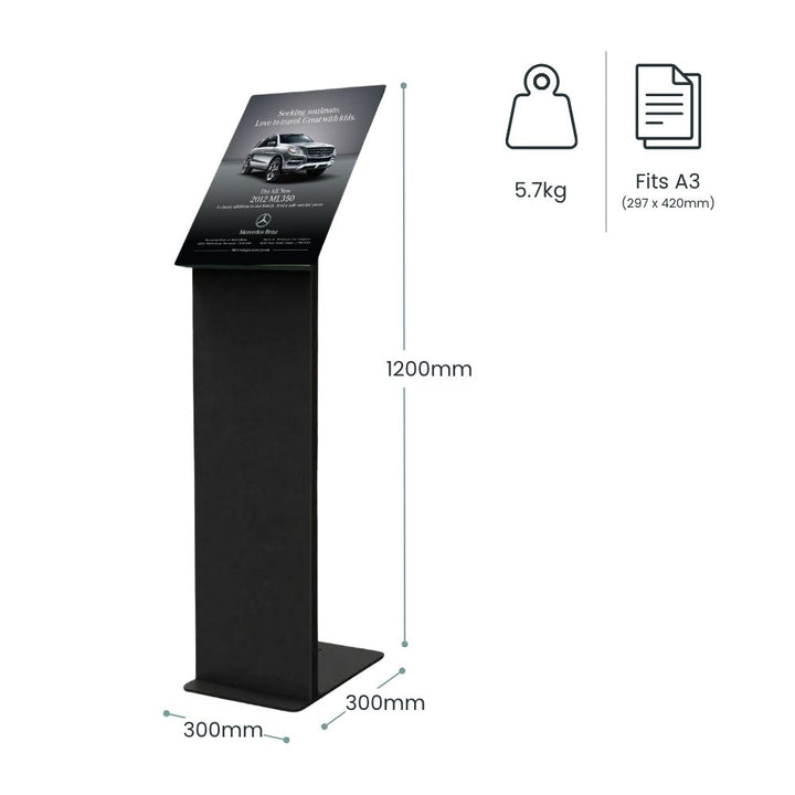 Dimension diagram for the A3 frameless poster stand: 1200mm overall height, 5.7kg total weight and A3 panel 297 x 420mm.
