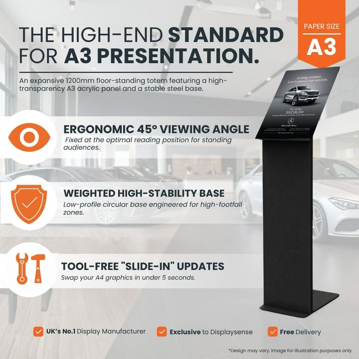 A3 frameless poster stand features: 45° viewing angle, weighted stability base, tool-free slide-in graphic changes and free UK delivery.
