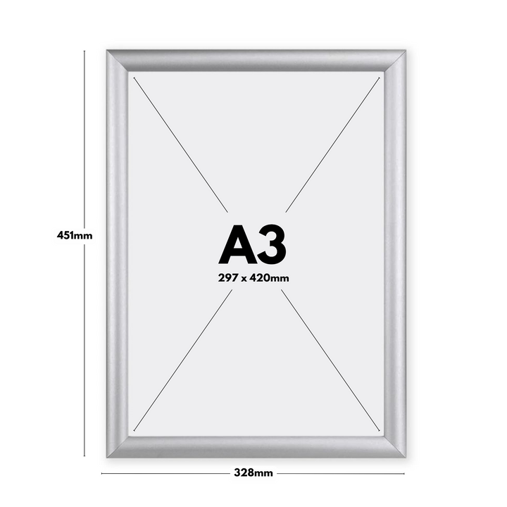 Dimension diagram for a silver A3 snap frame: 451mm high, 328mm wide overall, accepting an A3 sheet at 297 x 420mm with a 25mm profile.
