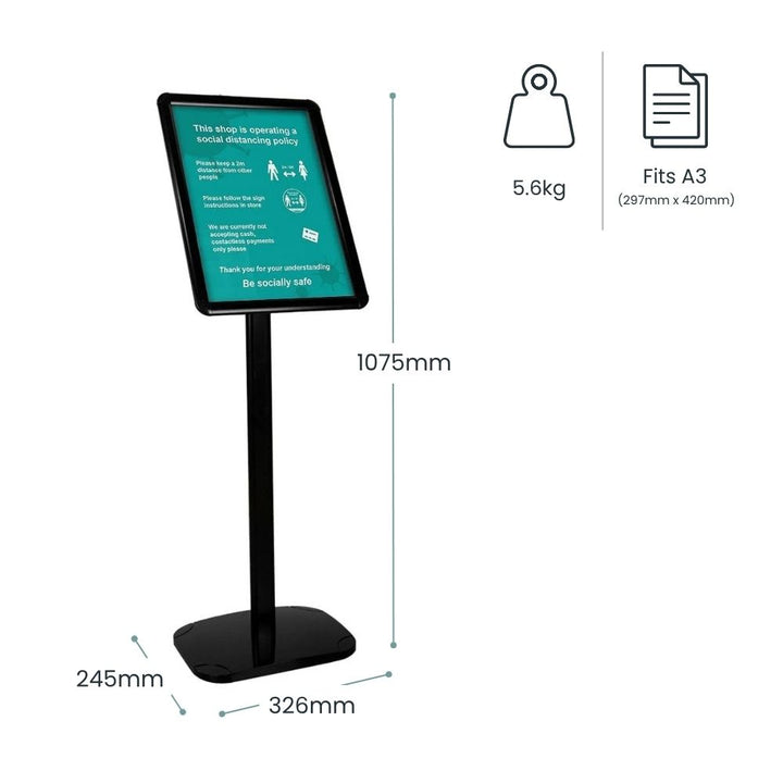 Dimension diagram for the black A3 snap frame stand: 1075mm overall height, 326mm wide, 245mm base depth, 5.6kg weight and A3 297 x 420mm capacity.
