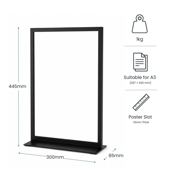 Product dimensions and specifications for a black A3 tabletop poster holder with sturdy base and 10mm poster slot.
