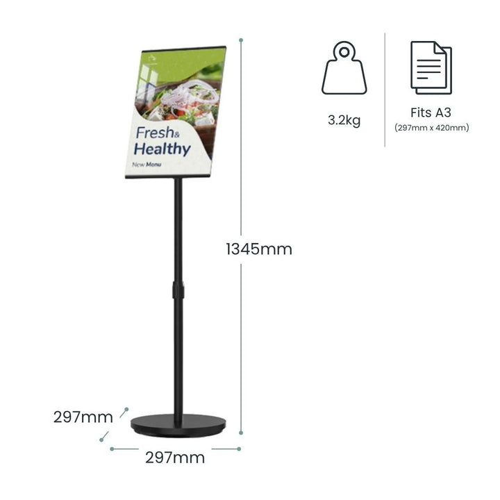 Dimension diagram for a black A3 telescopic display stand: 1345mm maximum height, 297 by 297mm base footprint, 3.2kg, accepting A3 at 297 x 420mm.

