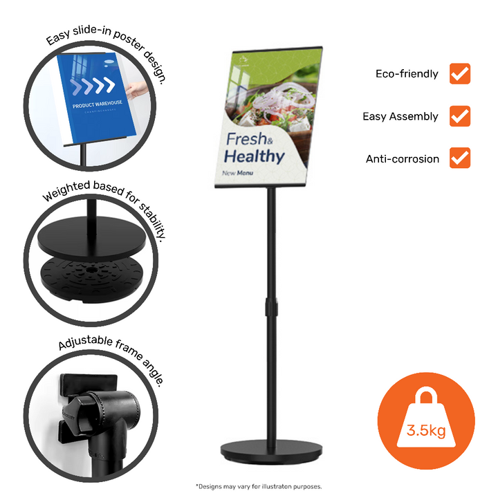 Feature panel for a black A3 telescopic poster stand: slide-in loading, 3.5kg weighted base, adjustable tilt, eco-friendly and anti-corrosion build.
