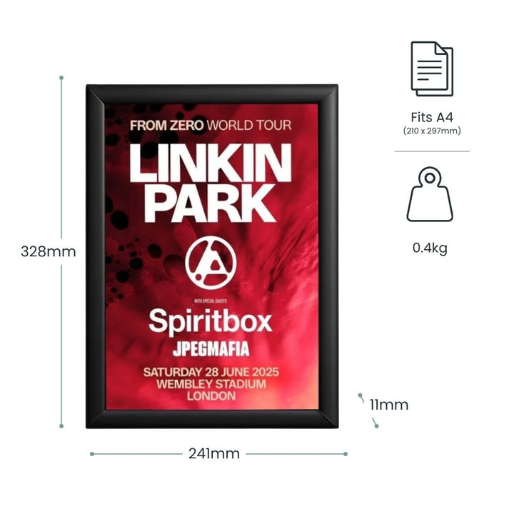 a4-black-snap-frame-poster-display-with-25mm-mitred-frame-showing-328mm-height-241mm-width-11mm-depth-and-0-4kg-weight