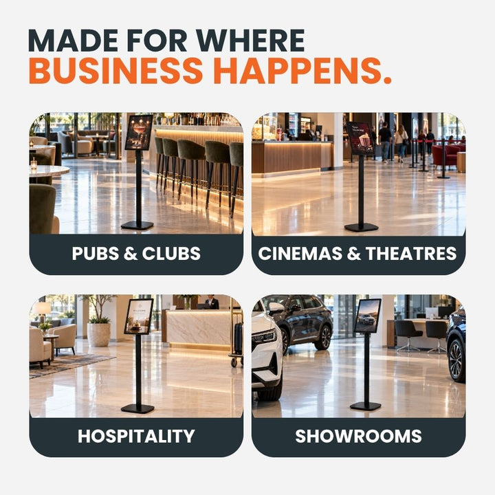 Black A4 floor standing poster display used in pubs and clubs, cinemas and theatres, hospitality venues and car showrooms.