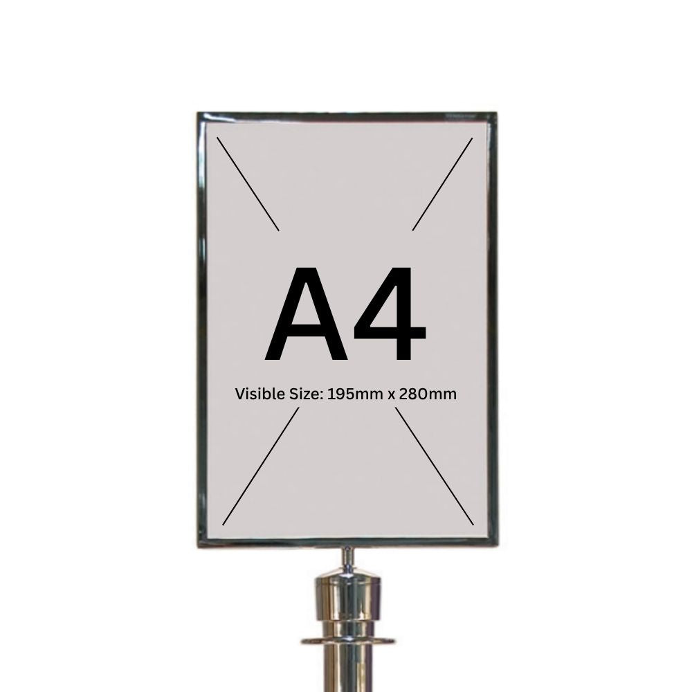Chrome sign holder designed for A4 inserts, with dimensions 195mm x 280mm marked on the display area.