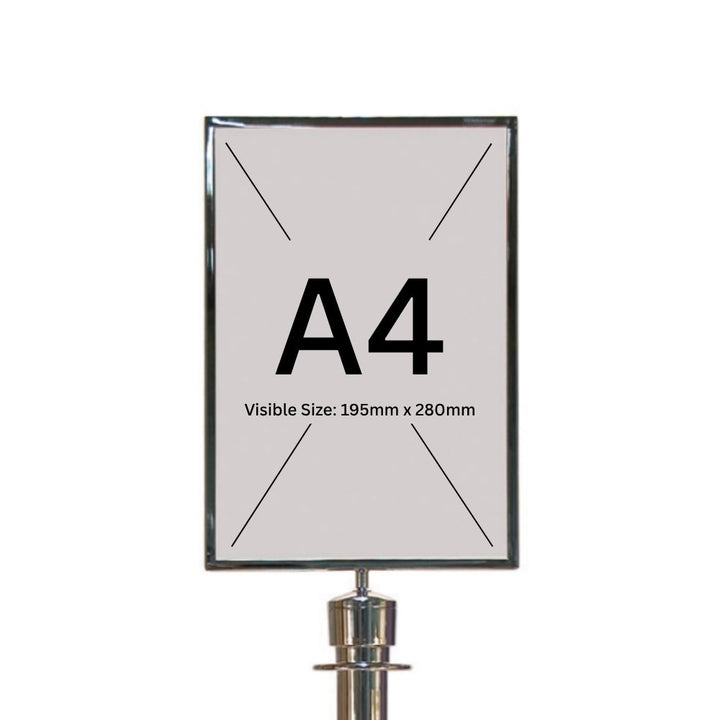 Chrome sign holder designed for A4 inserts, with dimensions 195mm x 280mm marked on the display area.