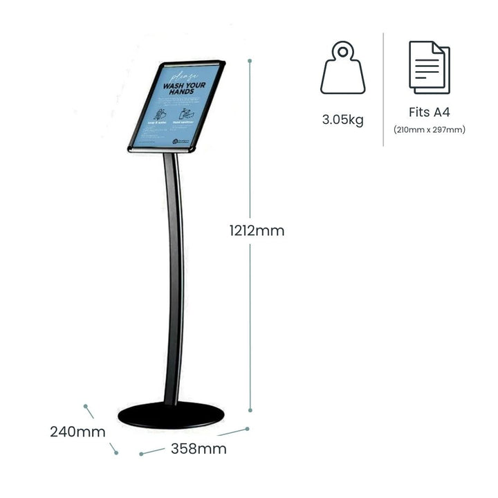 Dimension diagram: A4 curved post sign stand 1212mm high with a 358mm by 240mm base, weighing 3.05kg and fitting 210 x 297mm graphics.
