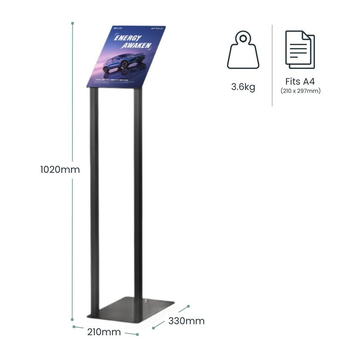 A4 freestanding angled sign holder with black metal frame, measuring 1020mm high, suitable for promotional signage and weighing 3.6kg.