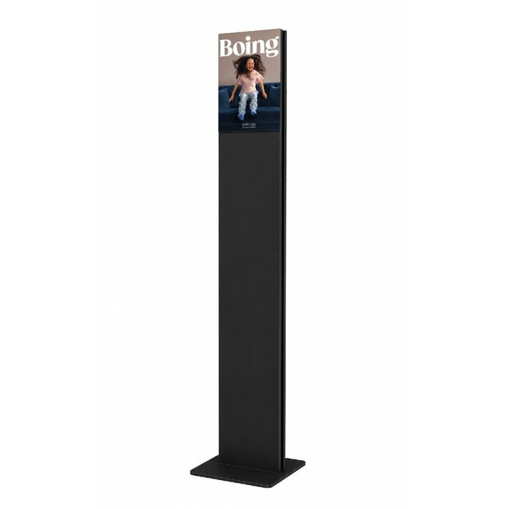 Black freestanding digital poster display stand featuring an A4 illuminated advertising graphic, slim vertical design with stable base.