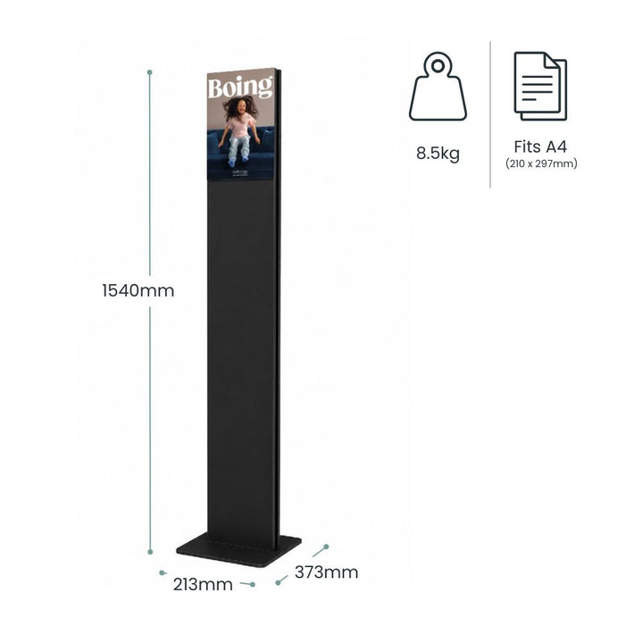 Slim freestanding LED poster totem display with A4 graphic insert, black metal construction, dimensions labelled as 1540mm high, weighing 8.5kg.