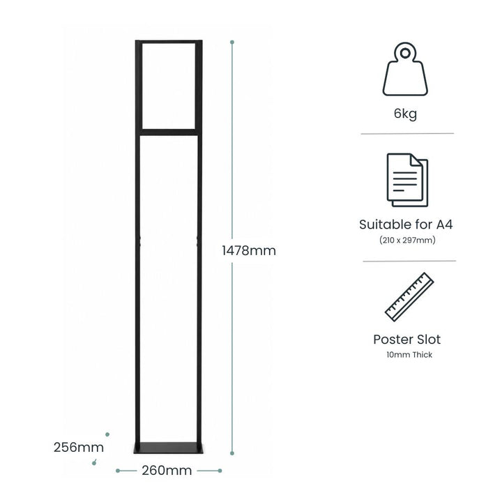 Dimension guide for a black freestanding A4 poster stand with weight details and 10mm poster slot information.