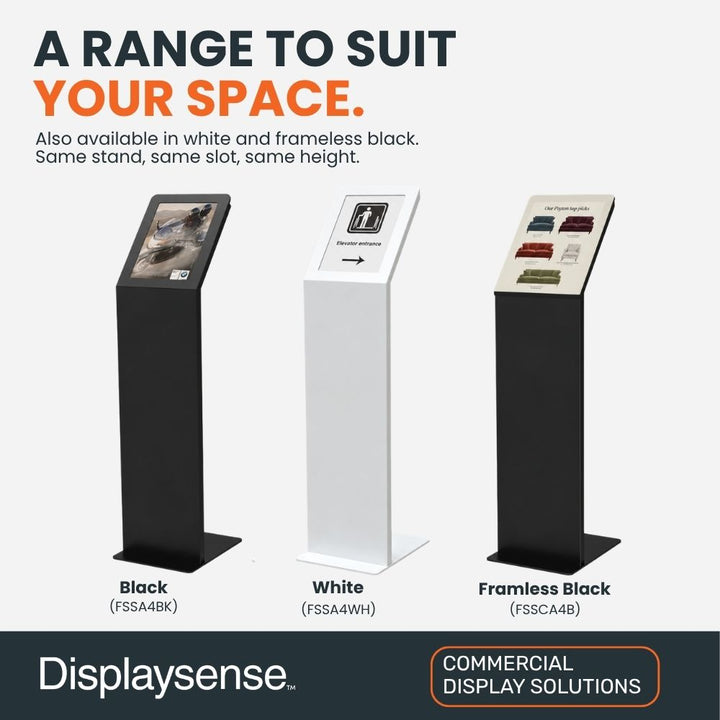 Displaysense A4 freestanding poster stand range in black, white and frameless black designs