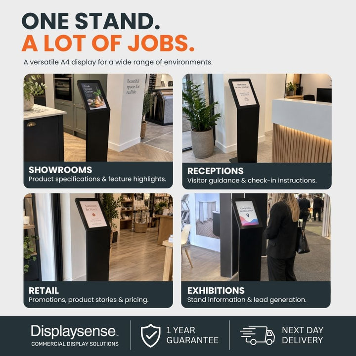 A4 freestanding poster stand used in showroom, reception, retail and exhibition environments